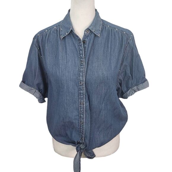 Express Denim Snap-Up Crop Top Tie Front Size XS Western Jean Shirt - Picture 1 of 7